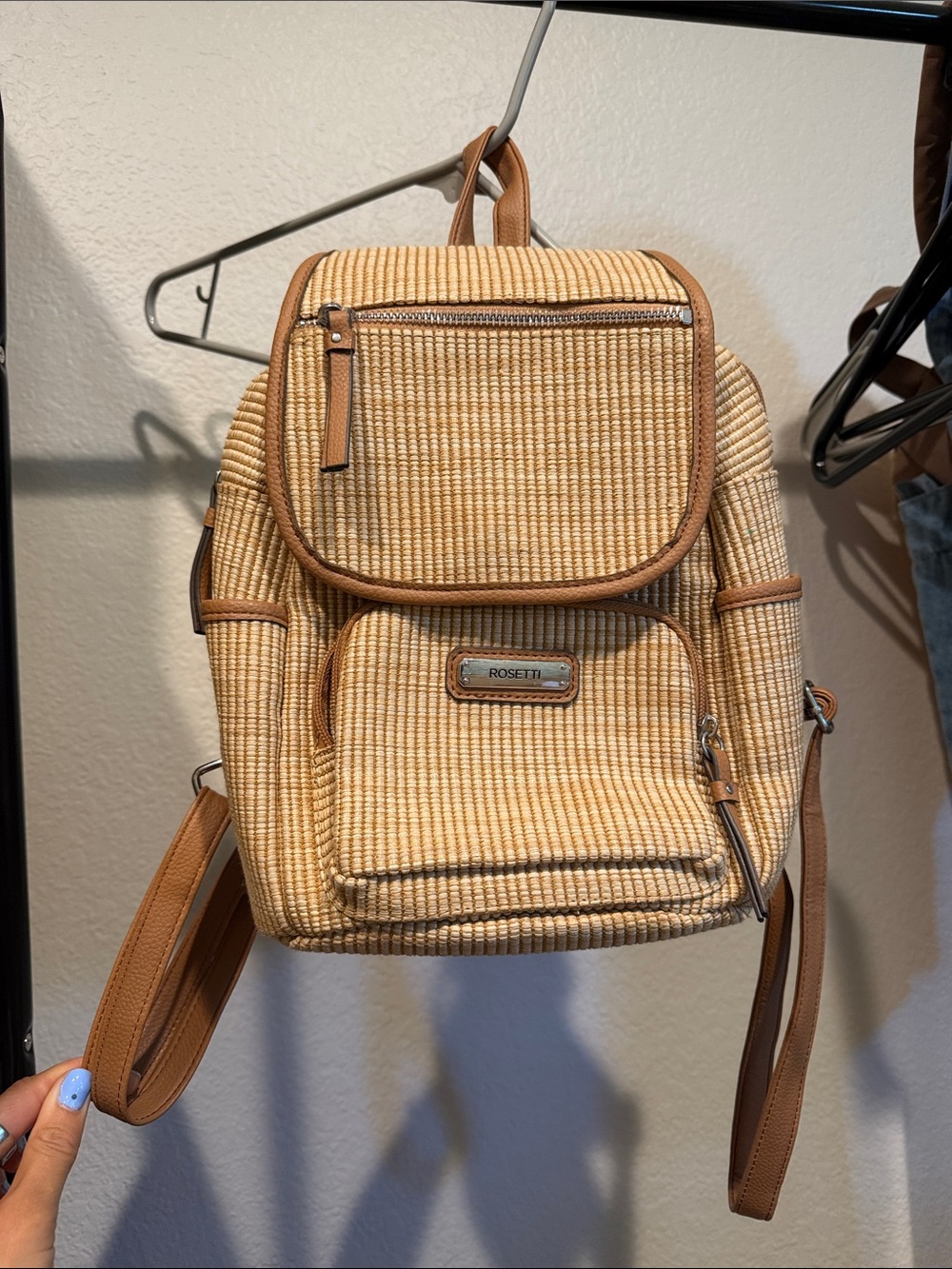 Rosetti Beige Straw-Style Mini Backpack with Brown Trim